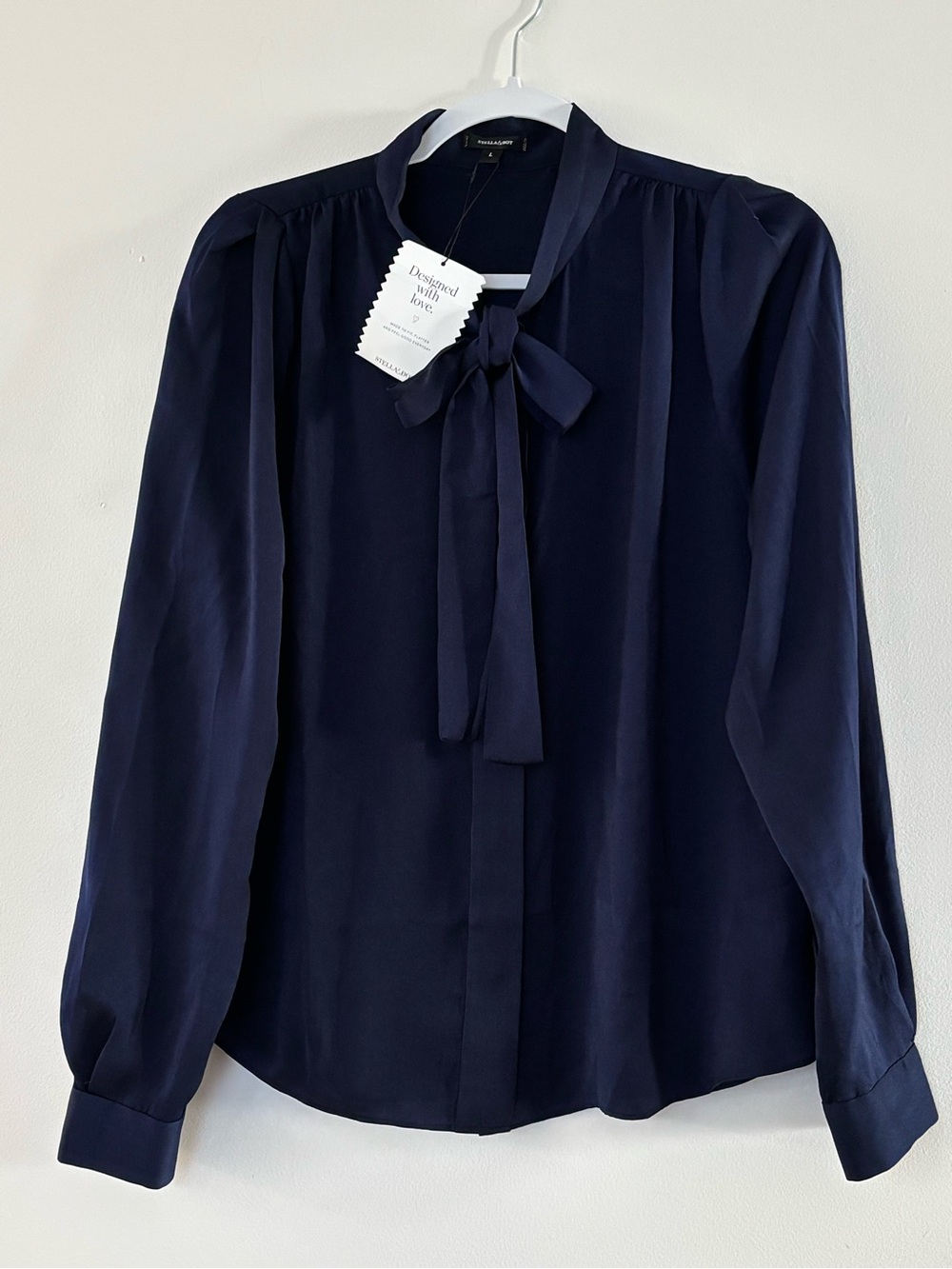 Stella & Dot Navy Bow-Neck Long Sleeve Blouse